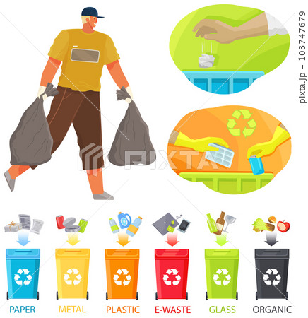 Sorting garbage and unrefined waste concept. Male character is transfering bags with garbage 103747679