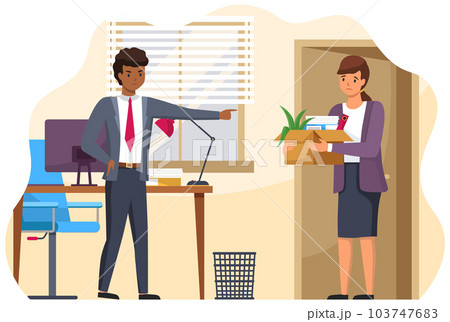 Layoff concept. Boss dismissed employee. Unhappy fired woman leave the office with things in box 103747683