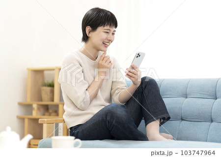 ソファーに座りスマートフォンを使う若い女性 103747964