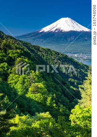 《山梨県》初夏大冠雪の富士山・新緑の山並み 103748098