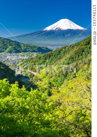 《山梨県》初夏大冠雪の富士山・新緑の山並み 103748115