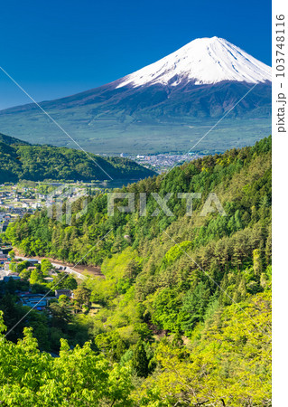 《山梨県》初夏大冠雪の富士山・新緑の山並み 103748116