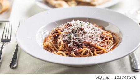 Spagheti pomodoro e basilico with freshly grated parmesan cheese on top 103748570