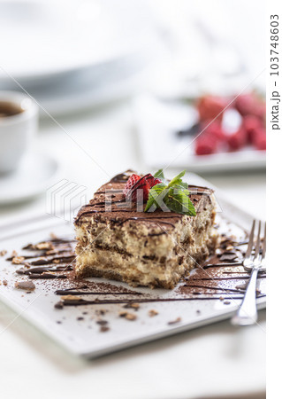 A cube of tiramisu dessert served in a fashionable way on a plate, topped with fruit and mint 103748603