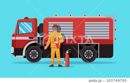 Firefighter character with Fire truck vector illustration 103749795