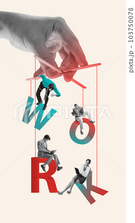 Employees like puppets working in office. Control over projects. Teamwork. Contemporary art collage. Deadlines Employees like puppets working in office. Control over projects. Teamwork. Contemporary art collage. Deadlines 103750078