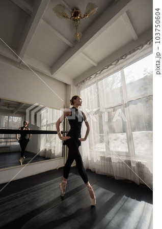 A beautiful Asian ballerina is training in a dance class. Vertical photo. 103750604