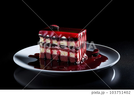 marvelous slice of velvet cake on a plate, black background, illustration, generative ai 103751402