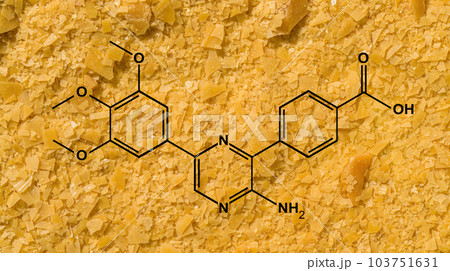Organic carnauba wax flake with molecular structure. Chemical ingredient used in cosmetic industry. 103751631