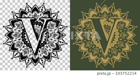 透かし彫り風の曼荼羅アルファベット「V」 103752214