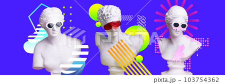 Antique statue busts in stylish sunglasses against purple background. Celebration and fun. Contemporary art collage. 103754362