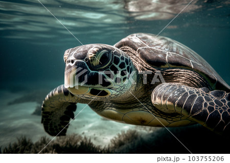 A large sea turtle swims in the sea. A large sea turtle swims in the sea. 103755206