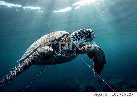 A large sea turtle swims in the sea. 103755207