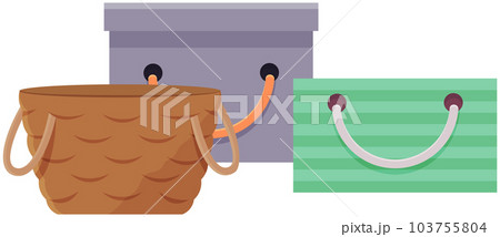 Vector set of green, lilac carton, wicker clothes storage boxes and basket with handles isolated 103755804