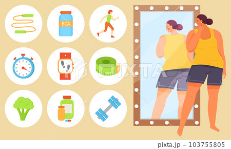 Overweight person looking at herself in mirror. Woman wants to lose weight and become slim 103755805