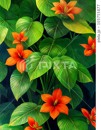 Textured tropical watercolour with botanical elements. 103755877