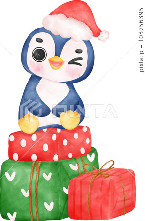 Cute happy joyful Christmas penguin in cozy sweater and scarf cartoon character watercolor hand drawing 103756395