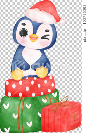 Cute happy joyful Christmas penguin in cozy sweater and scarf cartoon character watercolor hand drawing 103756395