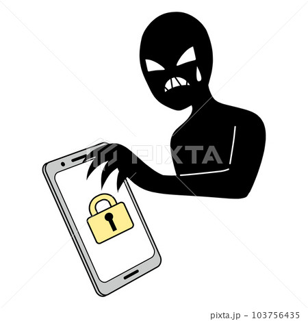 セキュリティに守られるスマホと焦るハッカーイメージのイラスト素材 セキュリティに守られるスマホと焦るハッカーイメージのイラスト素材 103756435