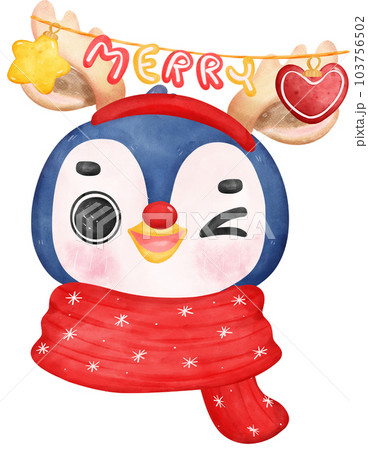 Cute adorable baby joyful christmas penguin wears reindeer antlers cartoon character watercolor hand drawing  Cute adorable baby joyful christmas penguin wears reindeer antlers cartoon character watercolor hand drawing  103756502