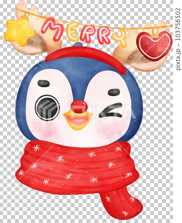 Cute adorable baby joyful christmas penguin wears reindeer antlers cartoon character watercolor hand drawing  Cute adorable baby joyful christmas penguin wears reindeer antlers cartoon character watercolor hand drawing  103756502