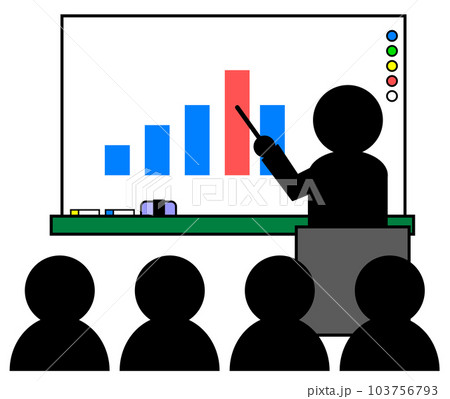 ホワイトボードにグラフを貼って説明するイラスト ホワイトボードにグラフを貼って説明するイラスト 103756793
