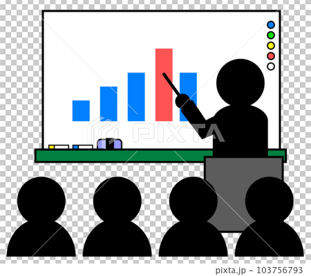 ホワイトボードにグラフを貼って説明するイラスト ホワイトボードにグラフを貼って説明するイラスト 103756793