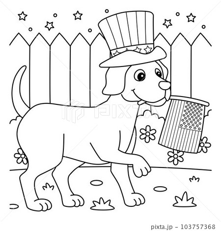 4th of July Dog Celebrating Coloring Page for Kids 103757368