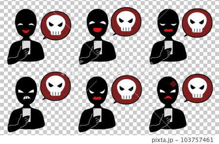 Illustration material set of an image of slanderous slander with a black person holding a smartphone and a skull mark Illustration material set of an image of slanderous slander with a black person holding a smartphone and a skull mark 103757461