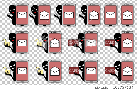 Illustration material set of a smartphone with a spam mail image and a silhouette person with a bad guy image Illustration material set of a smartphone with a spam mail image and a silhouette person with a bad guy image 103757534