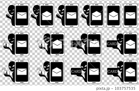 Illustration material set of a smartphone with a spam mail image and a silhouette person with a bad guy image Illustration material set of a smartphone with a spam mail image and a silhouette person with a bad guy image 103757535