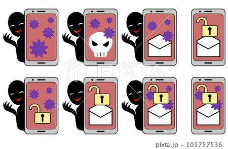 スマホがウイルスに感染するイメージと悪人イメージのシルエットの人物のイラスト素材セット 103757536