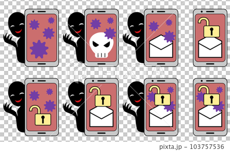Illustration material set of a silhouette person with an image of a smartphone being infected with a virus and a villain image Illustration material set of a silhouette person with an image of a smartphone being infected with a virus and a villain image 103757536