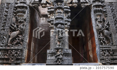Sculpture of warriors and horses on the entrance Side of Bugga Ramlingeswara Temple, Tadipatri, Andhra Pradesh, India. 103757590