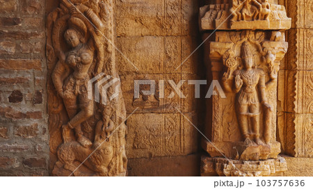 Sculpture of woman and doorkeeper of Lord Vishnu on the entrance of Madhavraya Swamy Temple, Gandikota, Kadapa, Andhra Pradesh, India. 103757636