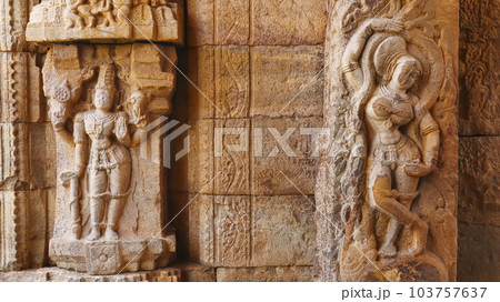 Sculpture of woman and doorkeeper of Lord Vishnu on the entrance of Madhavraya Swamy Temple, Gandikota, Kadapa, Andhra Pradesh, India. 103757637
