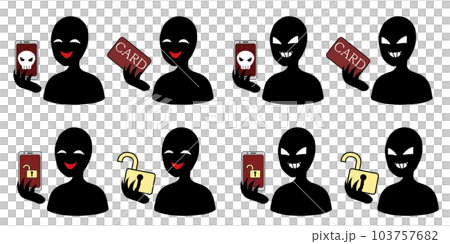 悪人イメージのシルエットの人物とスマホやカードなどのハッキングイメージの素材セット 103757682