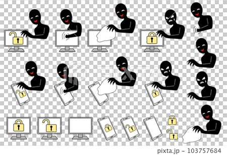 試圖闖入智能手機或計算機的黑客形象的插圖素材集 試圖闖入智能手機或計算機的黑客形象的插圖素材集 103757684