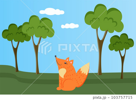 Fox is resting in clearing. Wild animal in nature. Forest landscape with trees and greenery 103757715