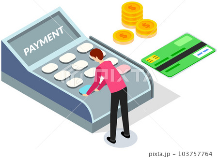 Large payment terminal, cartoon male characters enter pin code from card. Online trading concept 103757764