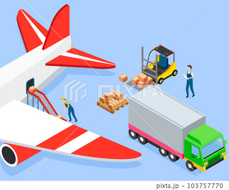 Man puts boxes on conveyor belt in airplane. Loading packages and containers into cargo aircraft Man puts boxes on conveyor belt in airplane. Loading packages and containers into cargo aircraft 103757770