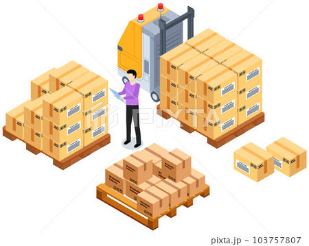 Worldwide sales concept. Worker loading boxes on carrier. Man holding box, put it on stack Worldwide sales concept. Worker loading boxes on carrier. Man holding box, put it on stack 103757807