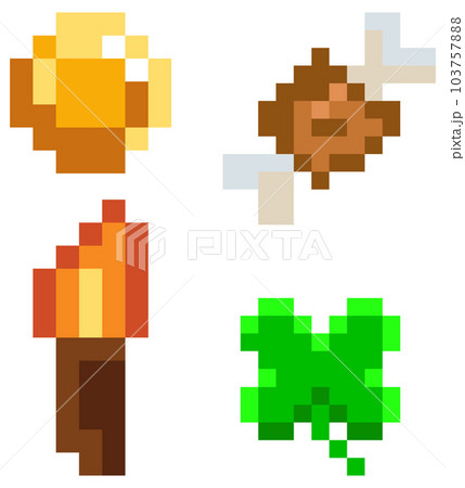 Pixel interface layout design with pixelated coin, leaf, meat bone, torch on white background Pixel interface layout design with pixelated coin, leaf, meat bone, torch on white background 103757888