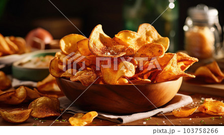 Crusty potato chips served in wooden bowl near scattered slices on table. Delicious snack prepared for watching movies at home generative AI. 103758266