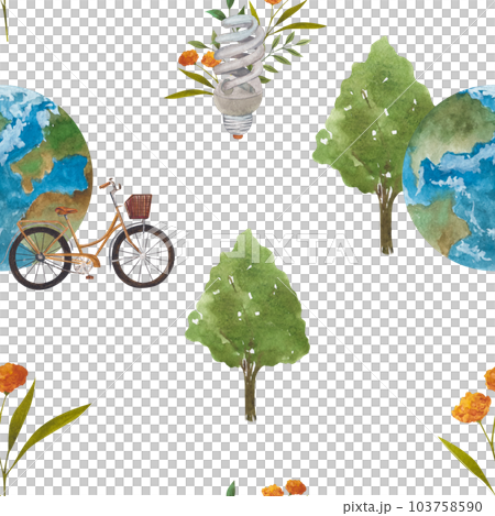 Seamless pattern with leaves, planet, Bicycle and trees inscription on a theme zero waste on white background. Perfect for brochures, promotional materials, wrapping paper 103758590