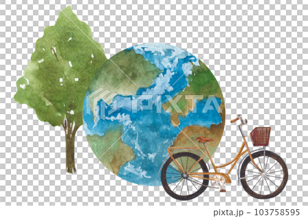 Watercolor illustration on the ecological theme. Planet earth, bicycle, tree hand drawn. Isolated clipart for the design of posters, booklets 103758595