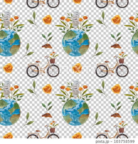 Seamless pattern with leaves and orange flowers, planet, Bicycle and trees inscription on a theme zero waste on white background. Perfect for brochures, promotional materials, wrapping paper 103758599