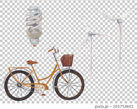 A set of watercolor illustrations on the theme of energy saving on a white background. Bicycle, windmills, energy-saving light bulb. Isolated clipart for the design of posters, booklets 103758603