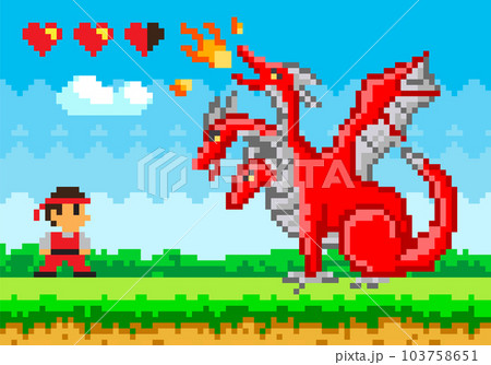 Pixelated natural landscape with ninja brave warrior fighting against red three-headed dragon Pixelated natural landscape with ninja brave warrior fighting against red three-headed dragon 103758651