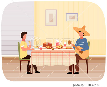 Friends have dinner with tacos and salsa. People taste Mexican cuisine. Guy in sombrero plays guitar 103758688